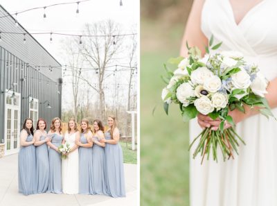 bride poses with bridesmaids in light blue gowns outside The Estate at New Albany