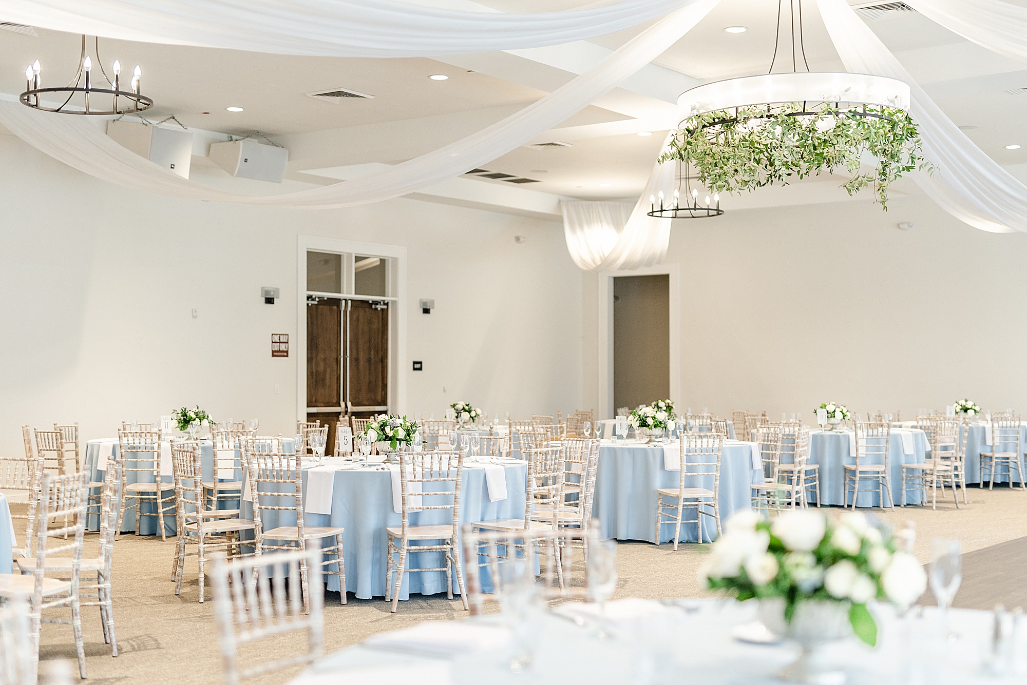 Ohio wedding reception with light blue and ivory details