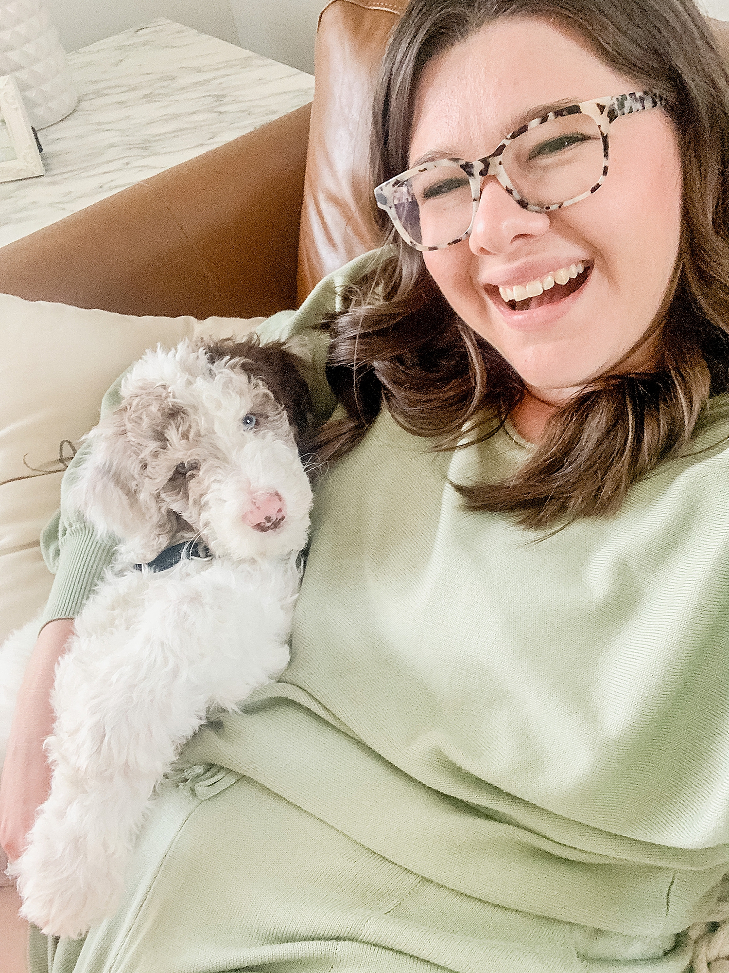 woman in green shirt snuggles Sheepadoodle puppy