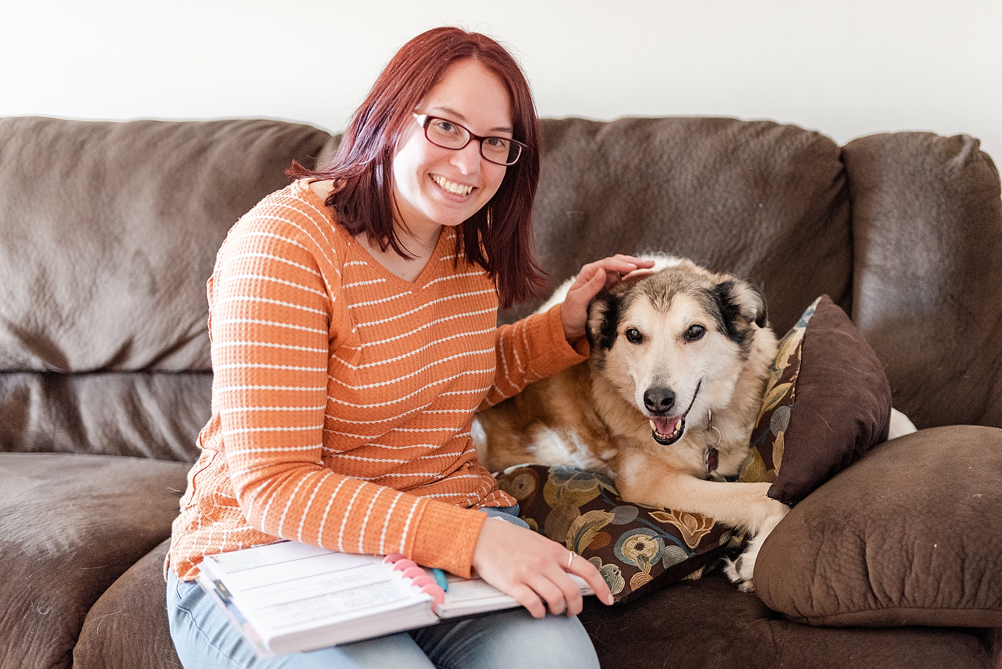 branding portraits at home for virtual assistant with dog on couch