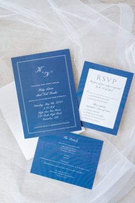 spring wedding invitation suite in blue and white