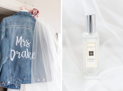 bride's jean jacket and perfume for High Line Car House wedding