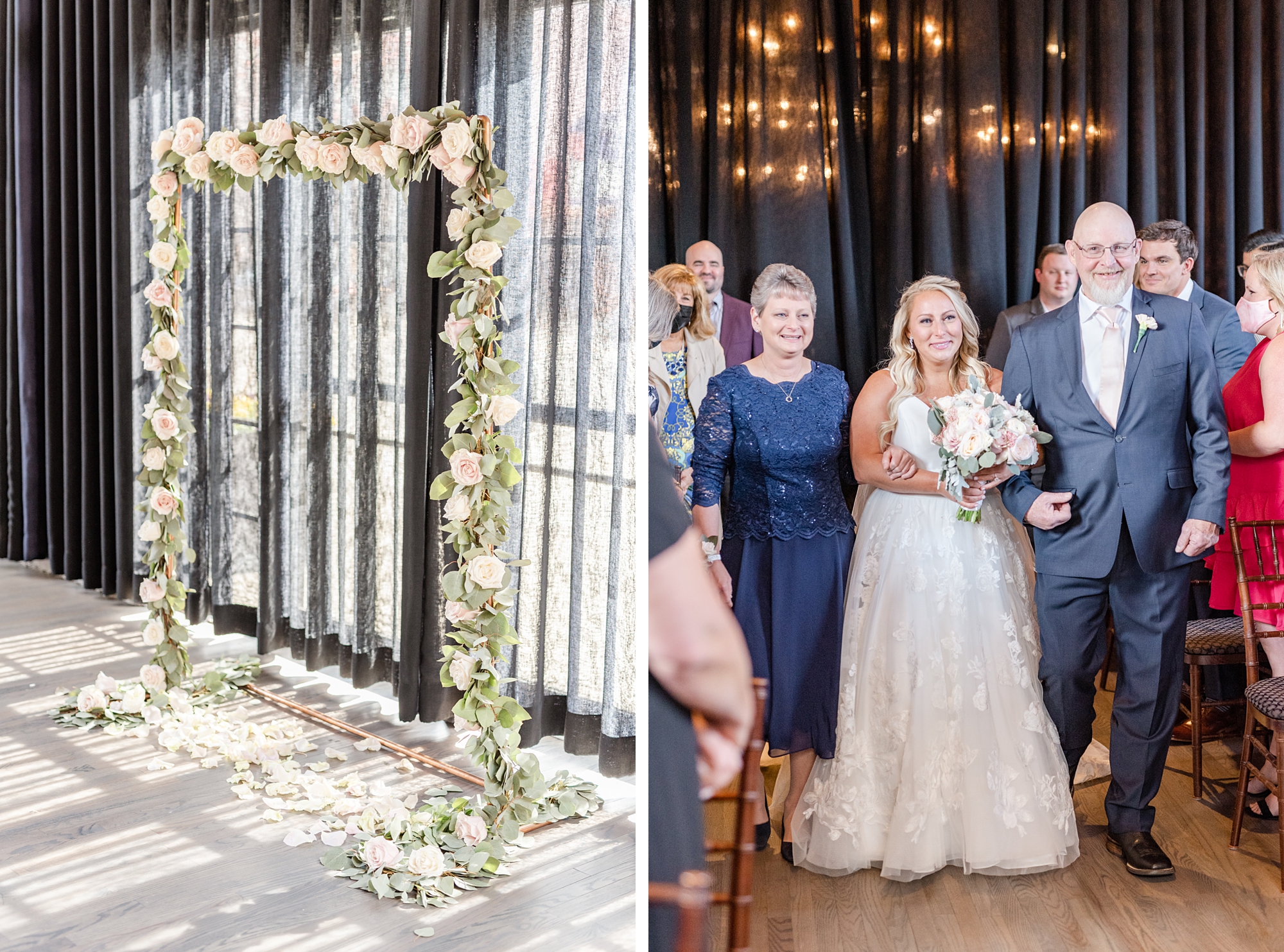 bride walks down aisle for High Line Car House wedding ceremony by floral arch
