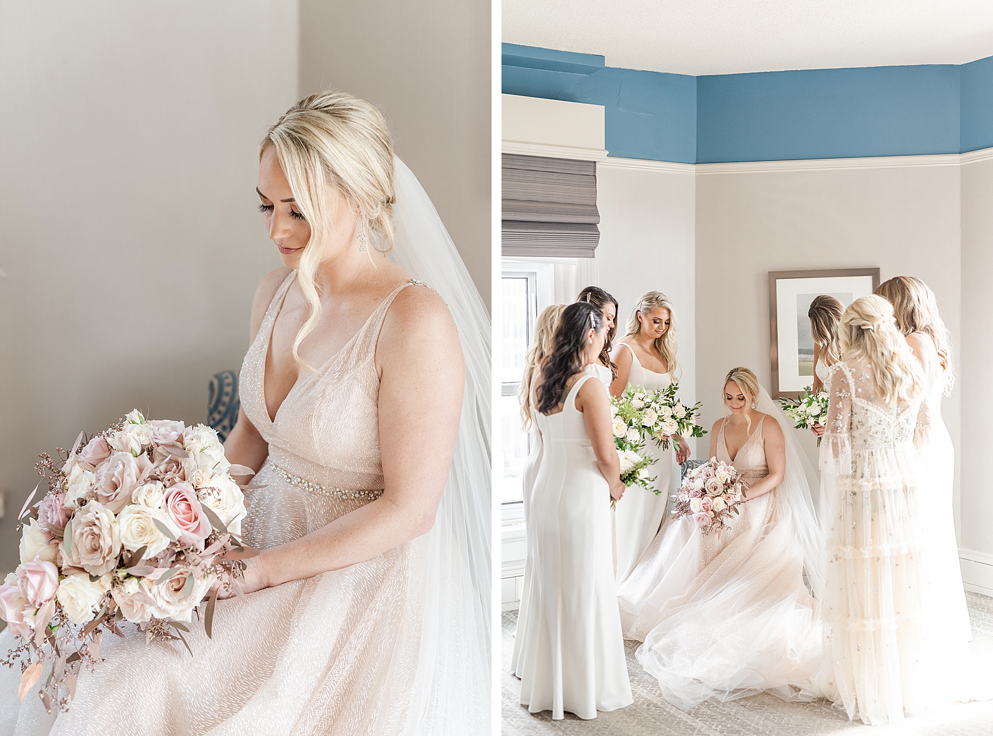 bride poses with bridesmaids before OH wedding