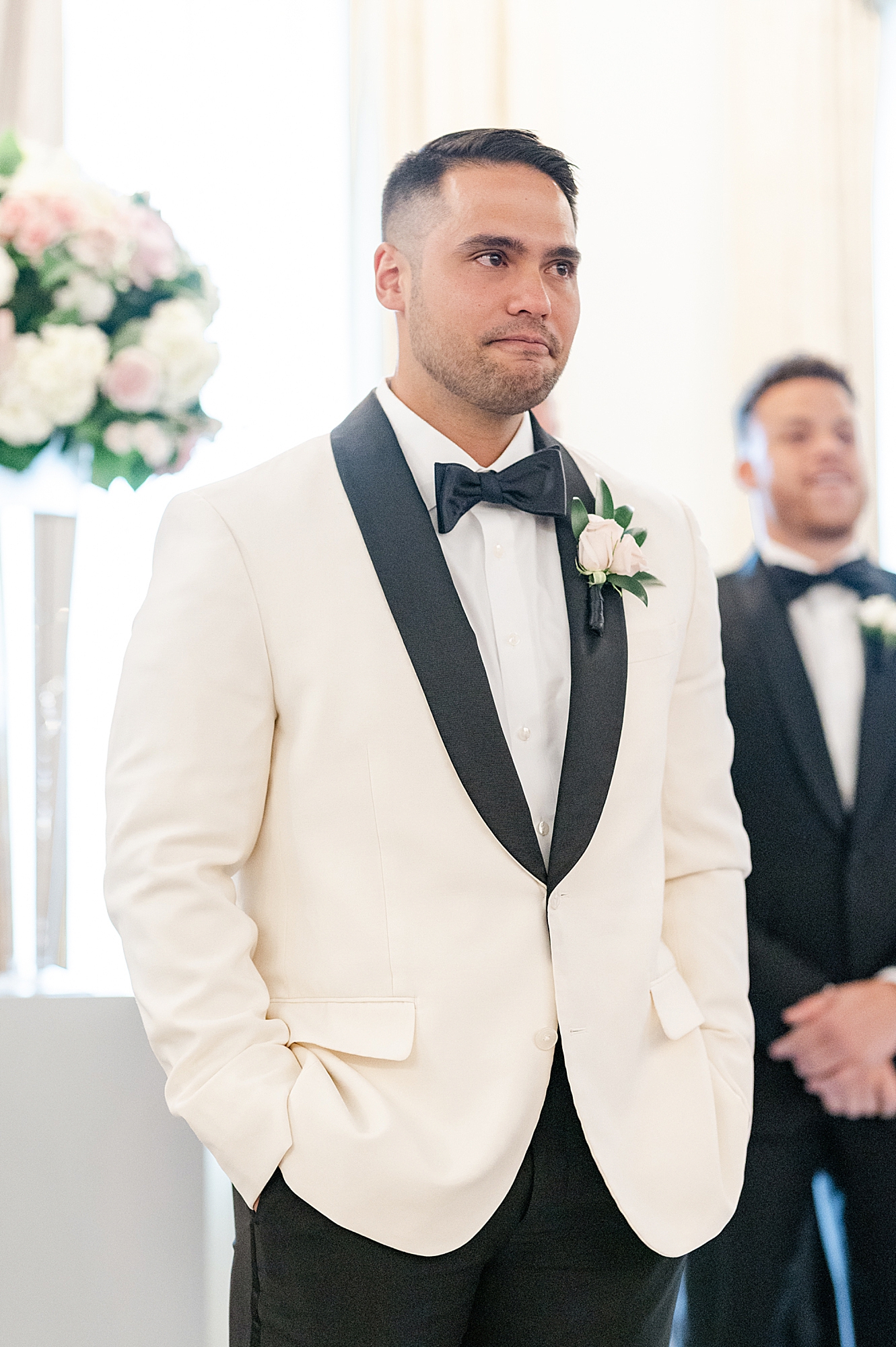 groom cries watching bride walk down aisle during Westin Southern Columbus wedding ceremony for stylish couple
