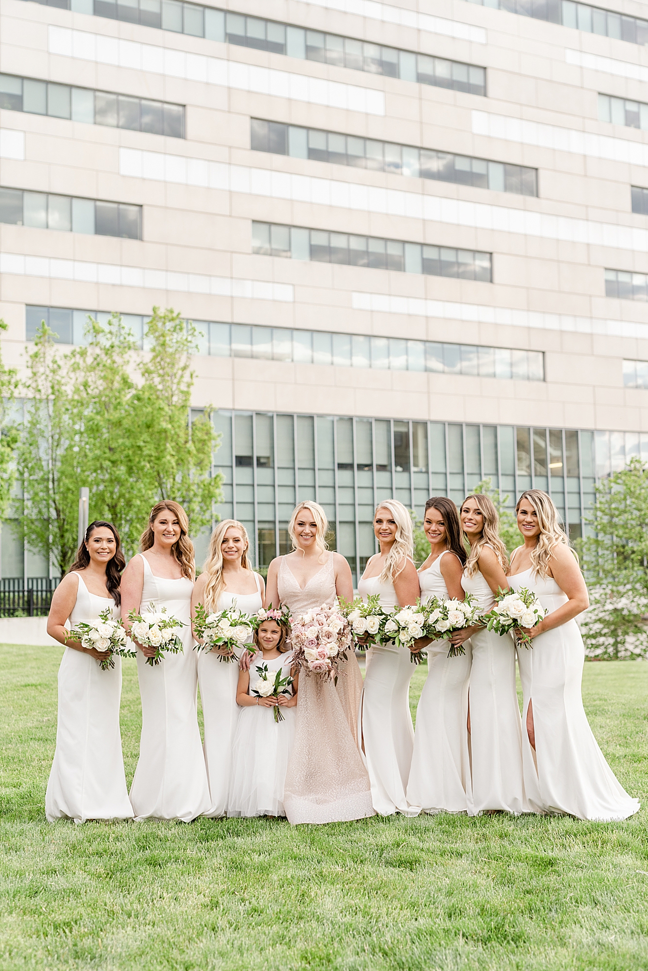 Westin Southern Columbus wedding portraits of bride and bridesmaids in white dresses