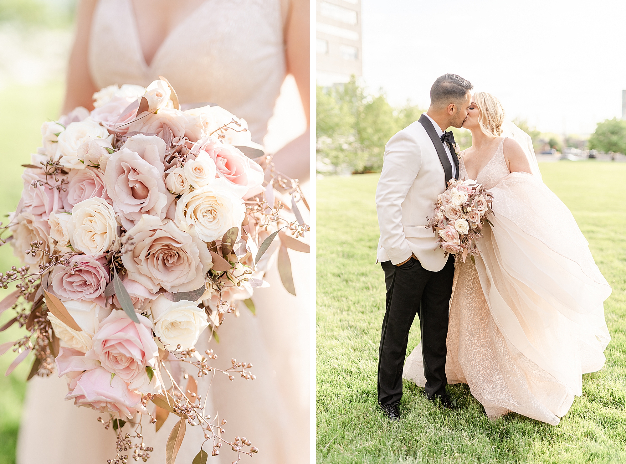 bride with blush pink bouquet and wedding dress kisses groom