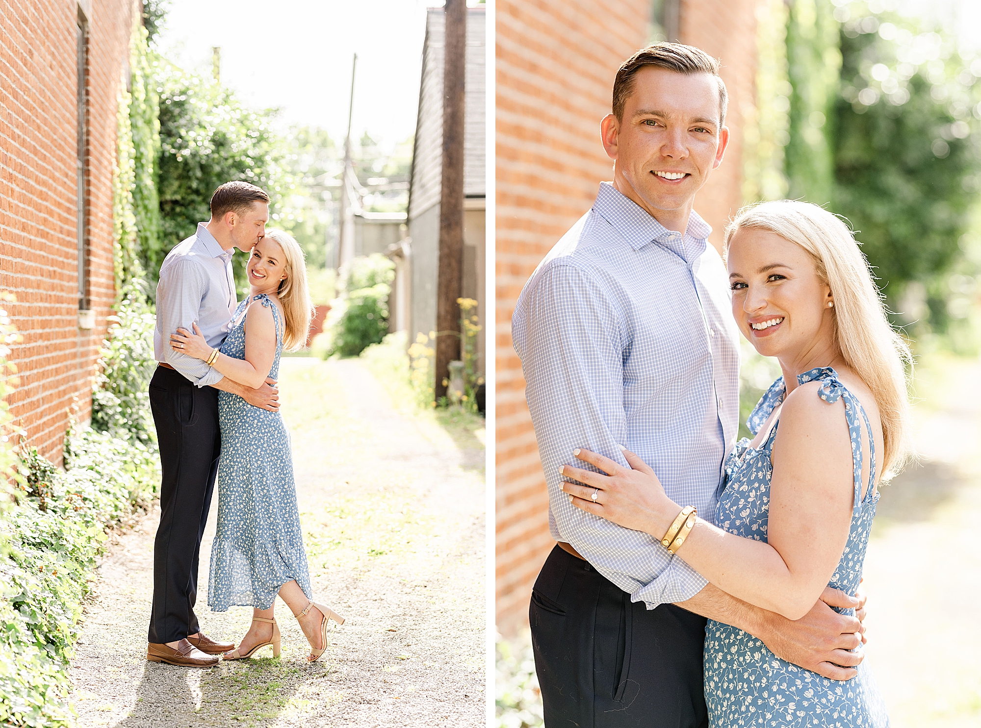 couple hugs in alleyway during OH engagement session
