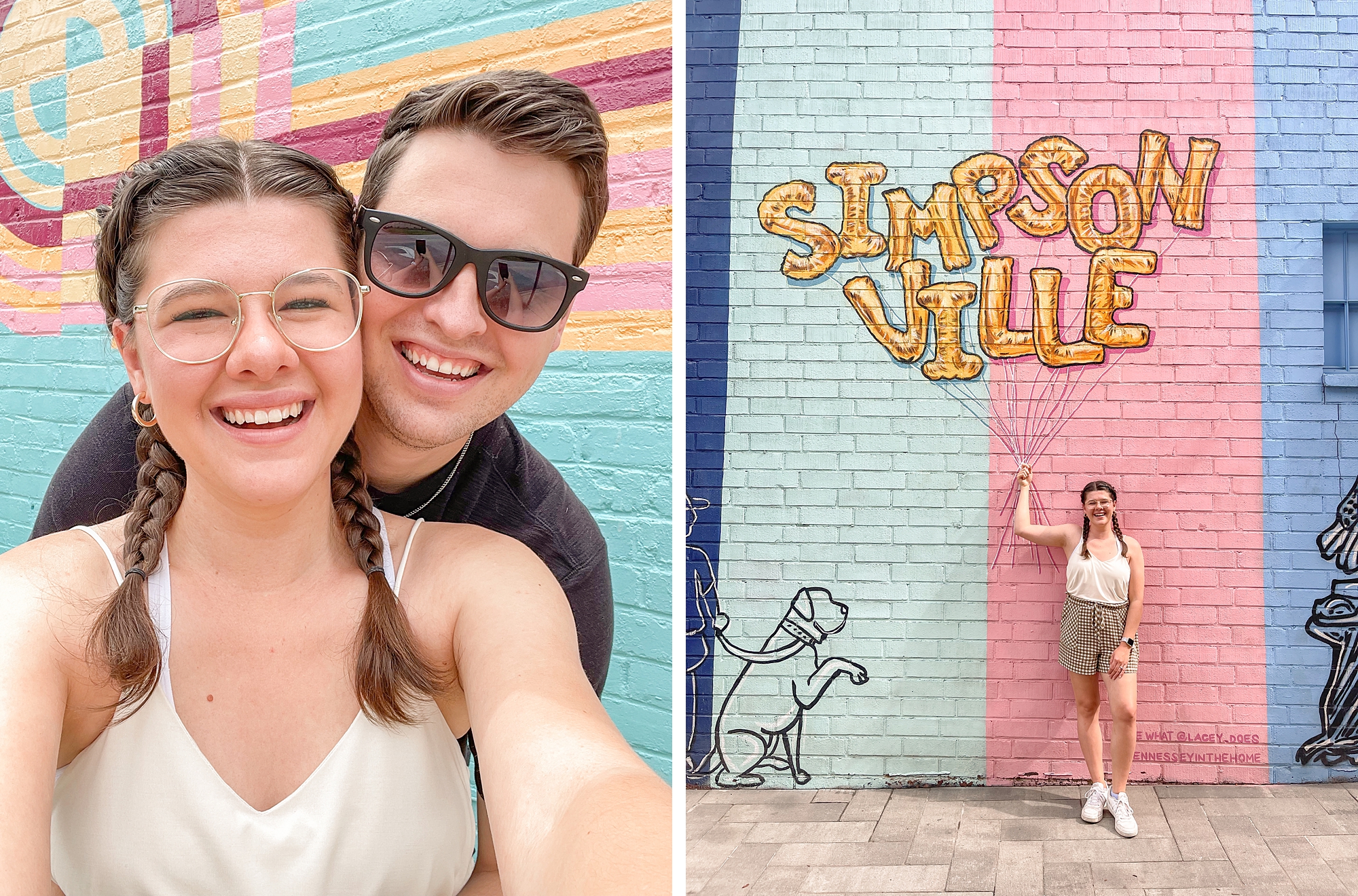 couple hugs by colorful mural during Greenville SC trip