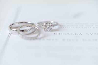 wedding bands rest on wedding invitation