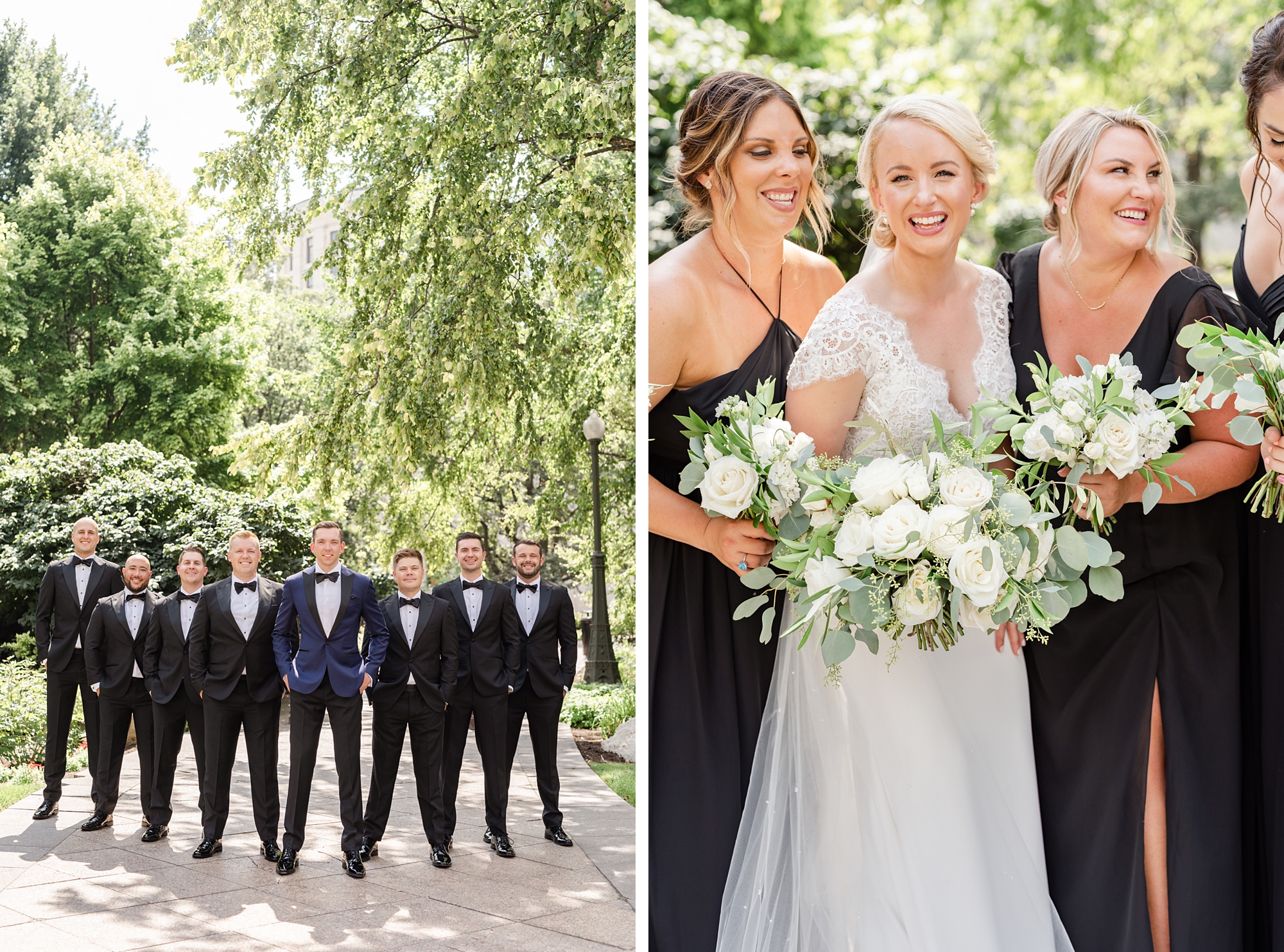bride laughs with bridesmaids in black gowns