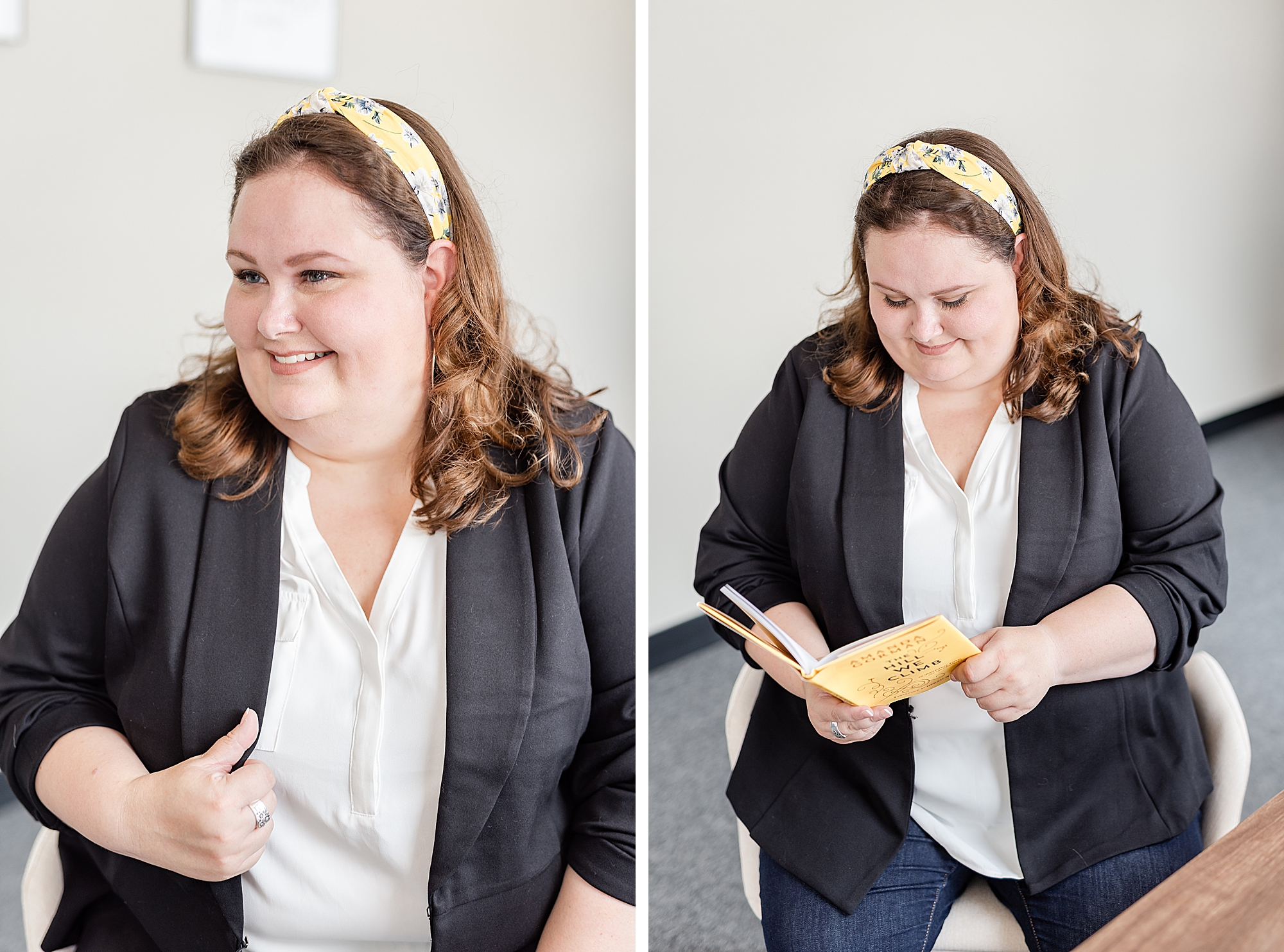 business owner reads book during branding photos