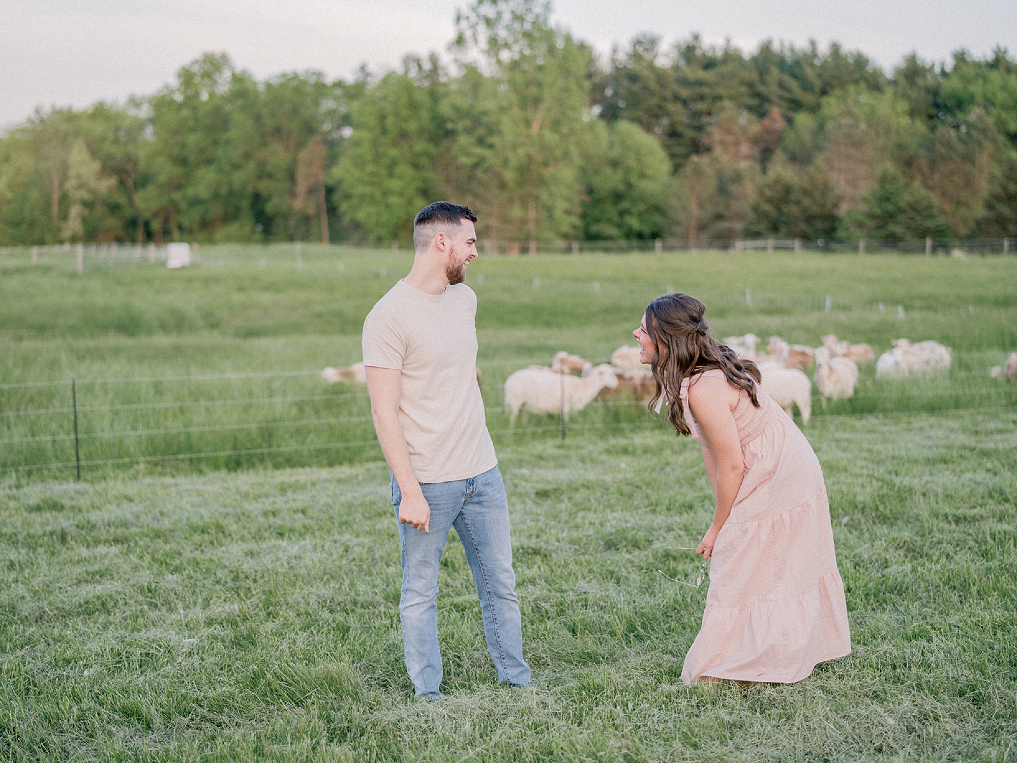 young couple laughs near sheep during fourth anniversary portraits